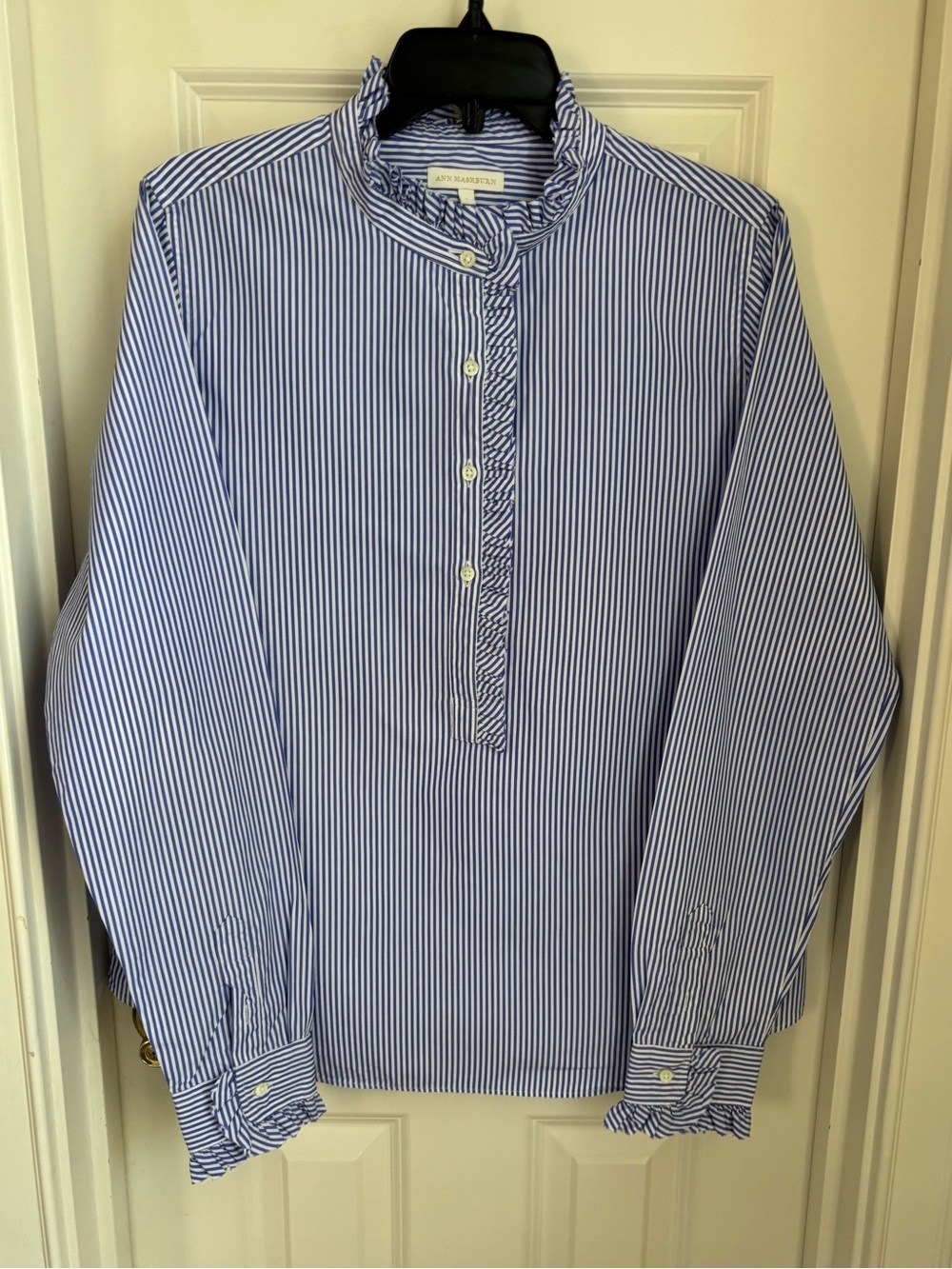 Ann Mashburn Frill Shirt in Blue and White Stripe with Ruffle Collar-size L